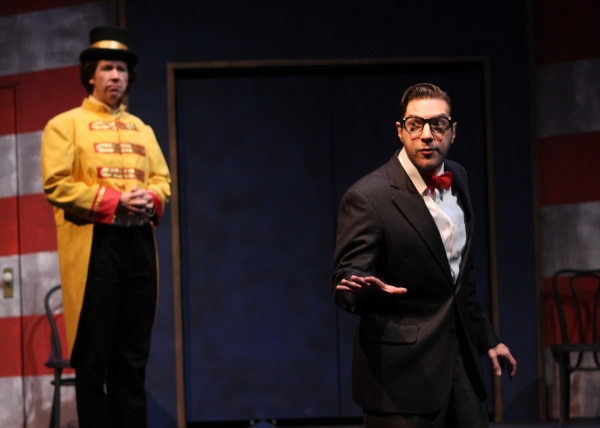 Dudley (Joseph Scrimshaw) jokes with the audience and The Ringmaster (Paul de Cordova Photo