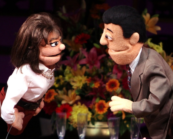 Jennifer Barnhart & Rick Lyon with Betty Comden & Adolph Green puppets Photo