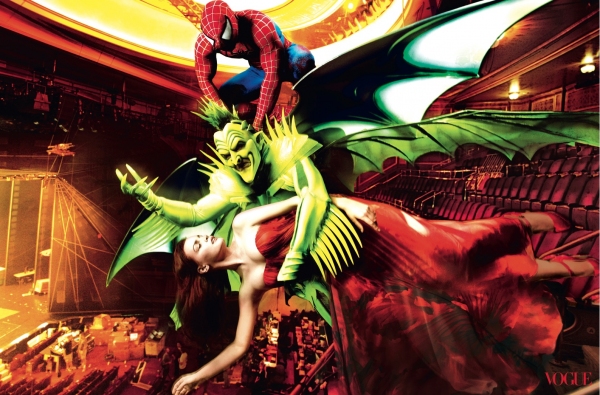 Reeve Carney as Spider-Man, Patrick Page as Green Goblin and Jennifer Damiano as Mary Photo