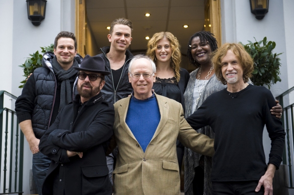 Dave Stewart, Bruce Joel Rubin, Caissie Levy and Glen Ballard with the cast outside A Photo