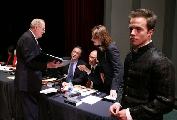 Supreme Court Justice Anthony M. Kennedy talks with Hamlet's defense team Dr. Saul Fa Photo