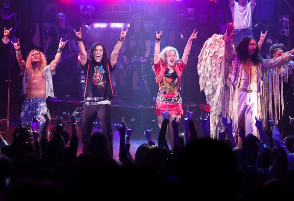 Dan Domenech, Rebecca Faulkenberry, and the cast of Rock of Ages Photo