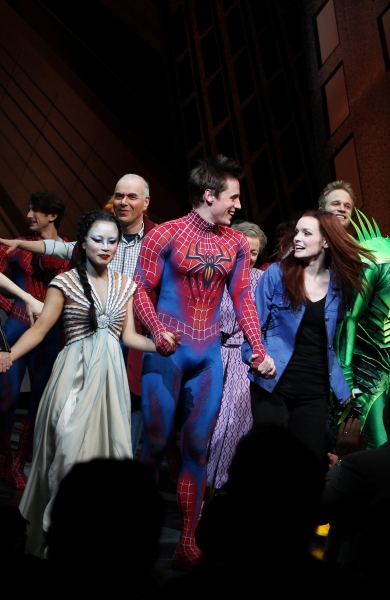 T.V. Carpio, Reeve Carney, Jennifer Damiano during the Final Curtain Call Bow for the Photo