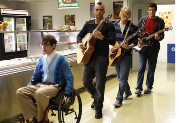 Artie (Kevin McHale, L) Puck (Mark Salling, second from left), Sam (Chord Overstreet, Photo