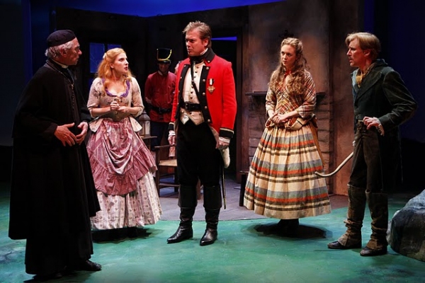 Geddeth Smith (Father Dolan), Katie Fabel (Arte O'Neal), Mark Shanahan (Captain Harry Molineux), Allison Jean White (Claire Ffolliott) and Patrick Fitzgerald (Conn, The Shaughraun); (pictured, background): Jake Zachry  at 