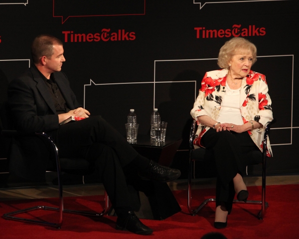 Frank Bruni & Betty White attending the Times Talks with Betty White & Michael Stipe  Photo