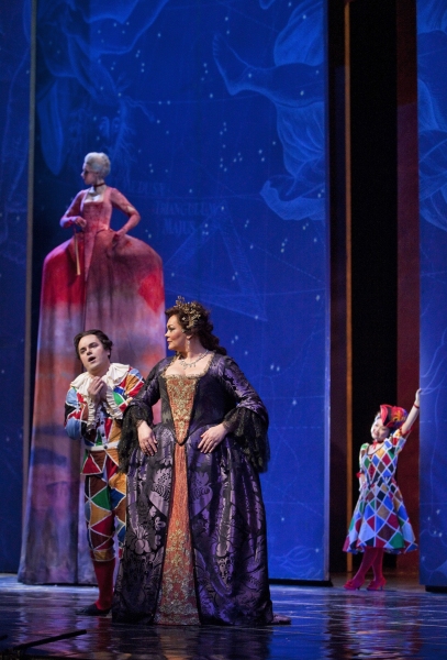 Vasili Ladyuk as Harlequin, Violeta Urmana as Ariadne, and Kathleen Kim as Zerbin Photo