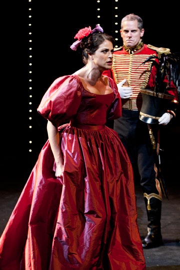 Georgia Hatzis as Beatrice and Jonno Roberts as Benedick in The Old Globe's Shakespea Photo