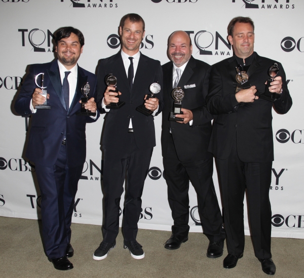 Robert Lopez, Matt Stone, Casey Nicholaw & Trey Parker in the Press Room at The 65th  Photo