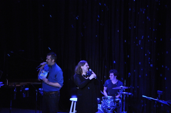 Hosts of the show-Ben Cameron and Colleen Harris being showered by The Gazillion Bubb Photo