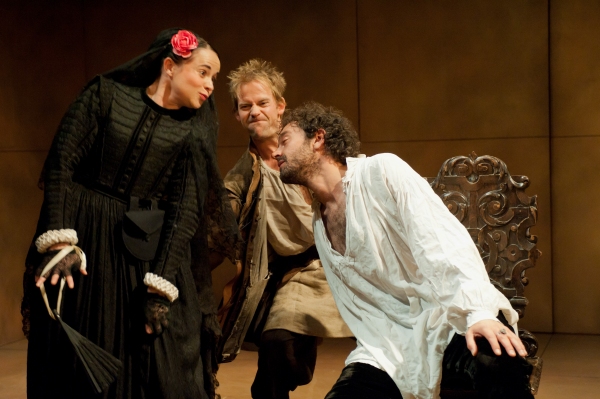 Samantha Robinson (as Ines) Milo Twomey (as Don Alonso), and Peter Bramhill (as Mosca Photo