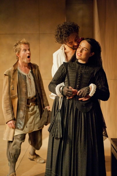 Samantha Robinson (as Ines) Milo Twomey (as Don Alonso), and Peter Bramhill (as Mosca Photo