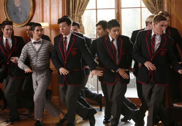 Blaine (Darren Criss, L) performs with the Warblers. Photo