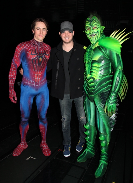 Michael Buble visits Reeve Carney & Patrick Page Backstage at  'SPIDER-MAN Turn Off T Photo