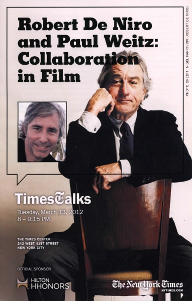 Program for Times Talks with Robert De Niro & Paul Weitz moderated by Janet Maslin Photo