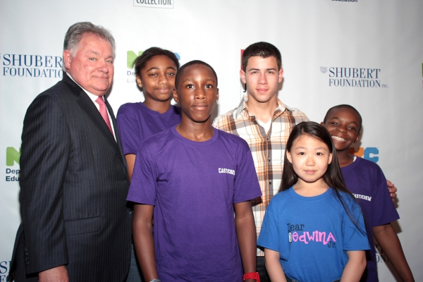 Robert Wankel, Nick Jonas, and Broadway Jr. Students Photo