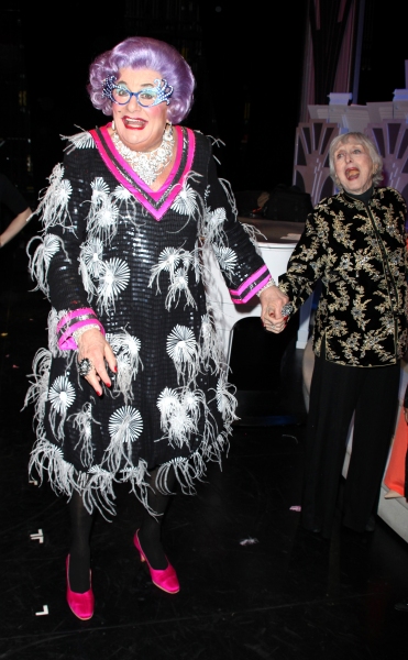 Dame Edna & Celeste Holm backstage after  the Broadway Opening Finale & Night Curtain Photo